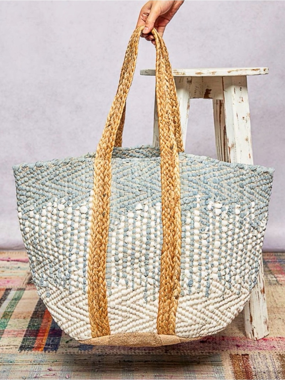 POL Large Woven Blue and Neutral Tones Tote Bag or Weekend Bag